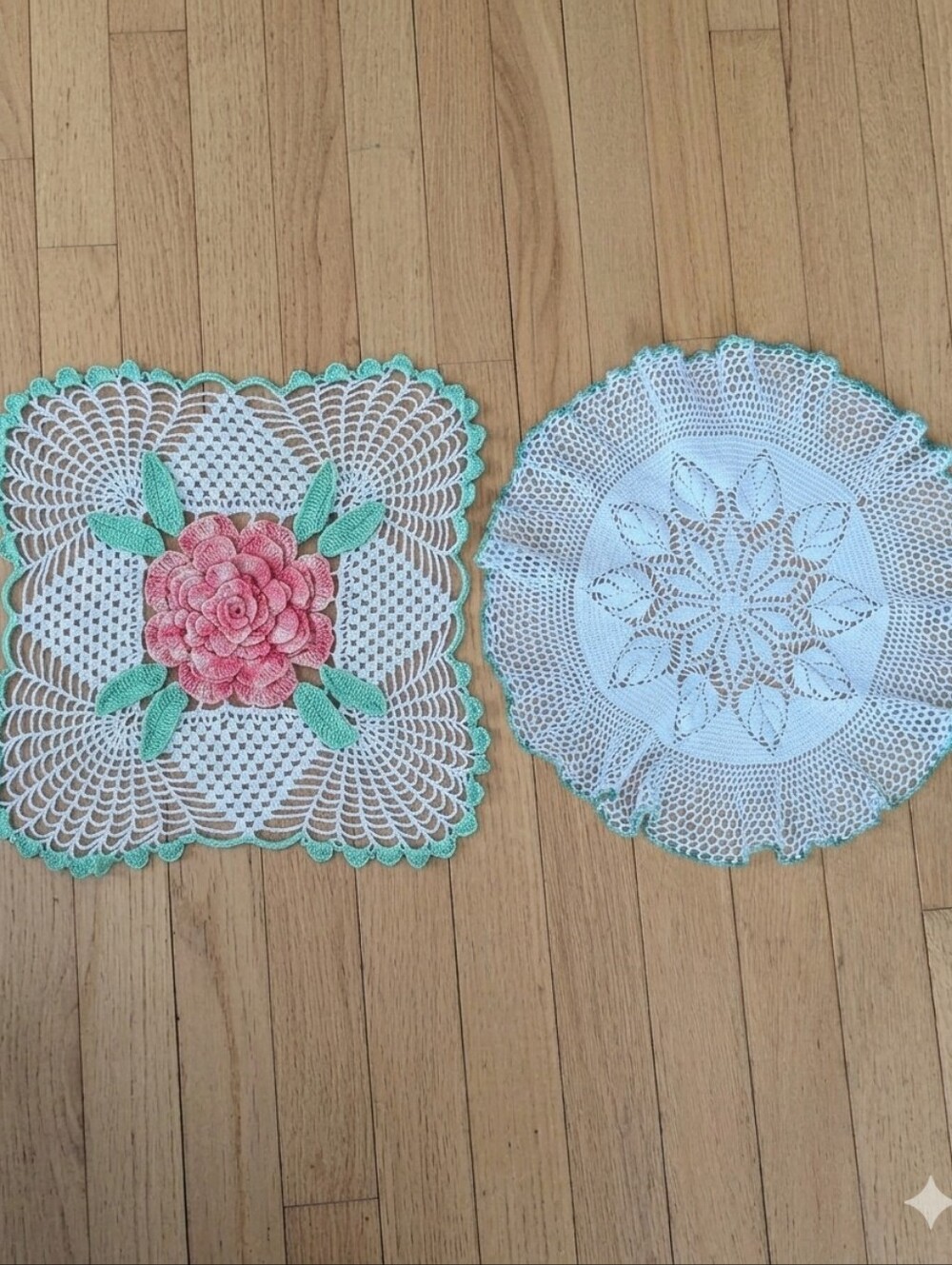 Vintage Crocheted Doily Set 3D Pink Floral Round Leaf Shabby Chic 2pc